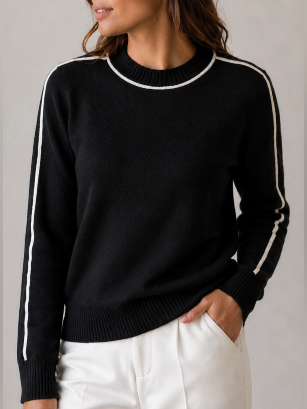 Athleta Black Crewneck Sweater M Contrast Trim Soft Casual Athleisure